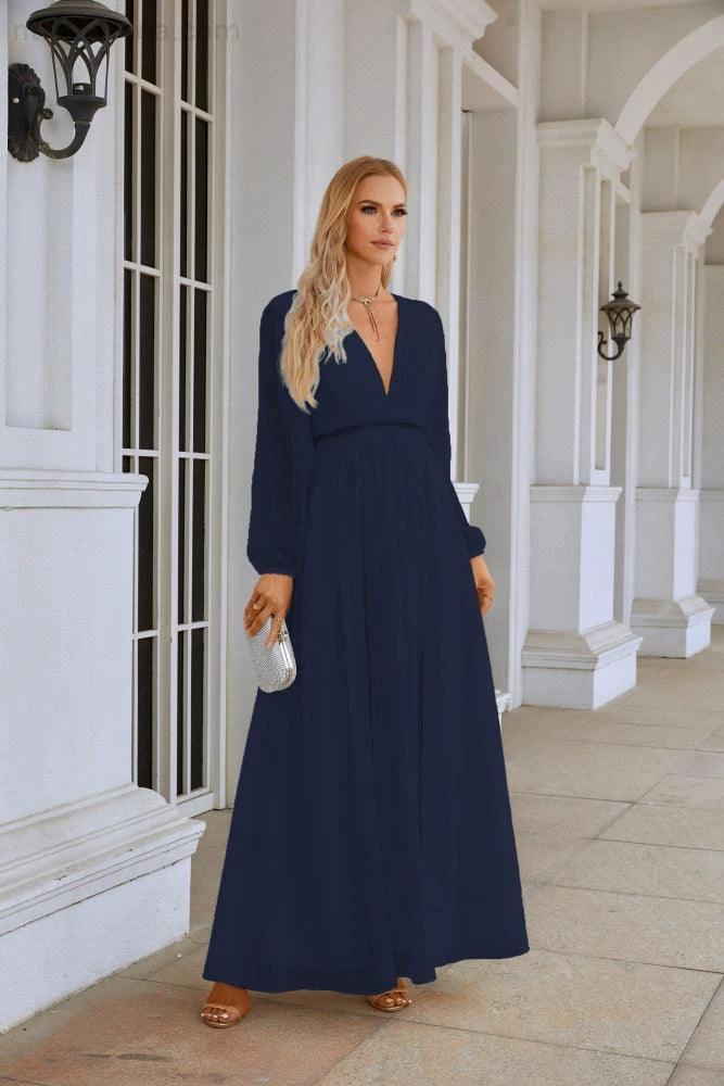 Ladies V Neck Chiffon Long Sleeve Front Slit Bridesmaid Evening Dress Wedding Party Shopping Evening Dress 28109 (ZD16991)