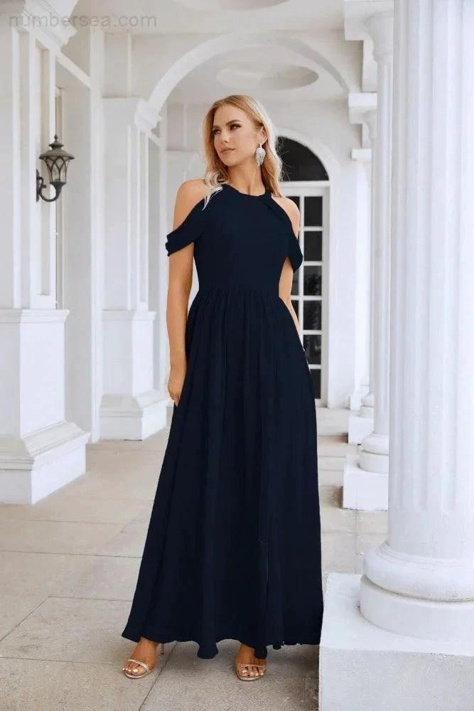 Ladies Chiffon Off Shoulder Swing Sleeve Front Slit Bridesmaid Evening Dress Wedding Party Evening Dress 28117 (ZD17011)