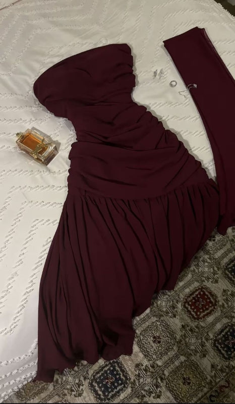 Strapless Burgundy Prom Dress Chiffon Ruffle Evening Dress J8273
