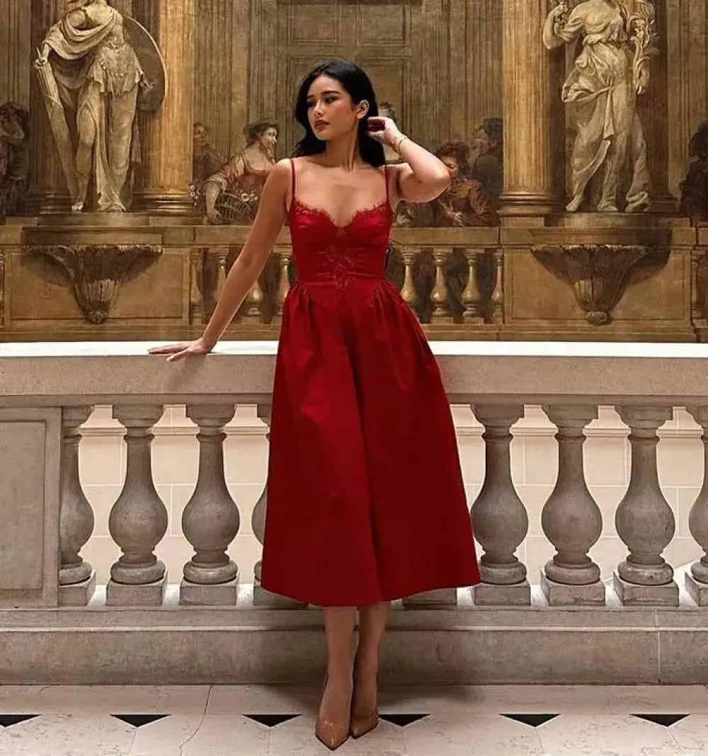 Fashion Red A-Line Prom Dress Sweetheart Spaghetti Strap Pleat Ruched Tea Length Lace Evening Dress robes de soirée