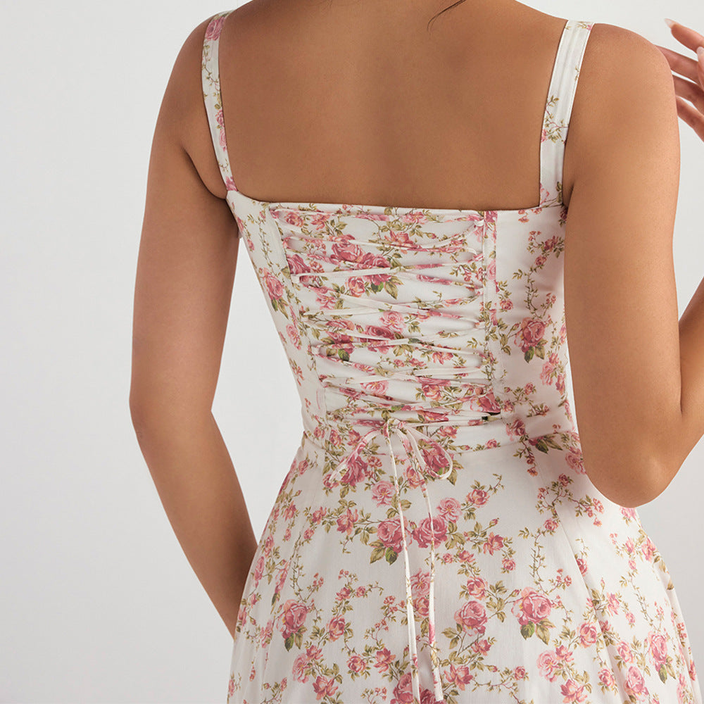 Backless Slim Fit Strap Dress Vacation Floral Split Mid Length Dress