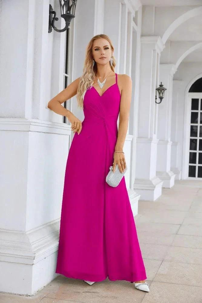 Ladies Chiffon Spaghetti Strap V Neck Front Slit Floor Length Bridesmaid Evening Dress Prom Party Wedding Evening Dress 28116 by numbersea