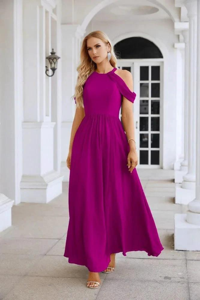 Ladies Chiffon Off Shoulder Swing Sleeve Front Slit Bridesmaid Evening Dress Wedding Party Evening Dress 28117 (ZD17011)