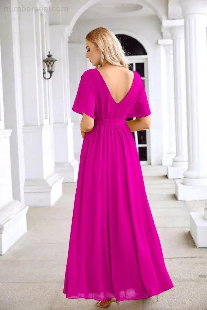 Ladies Chiffon Sleeve Crew Neck Front Slit Floor Length Bridesmaid Evening Dress Wedding Party Evening Dress 28124 (ZD17007)