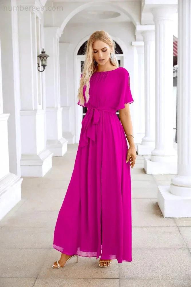 Ladies Chiffon Sleeve Crew Neck Front Slit Floor Length Bridesmaid Evening Dress Wedding Party Evening Dress 28124 (ZD17007)
