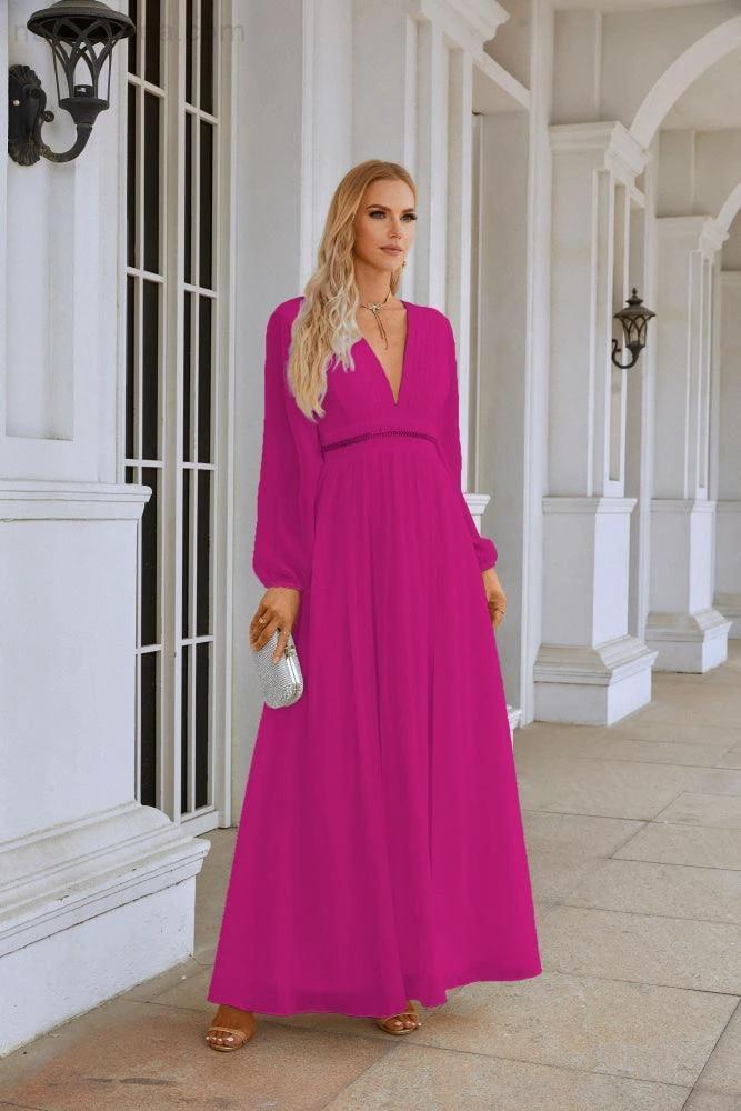 Ladies V Neck Chiffon Long Sleeve Front Slit Bridesmaid Evening Dress Wedding Party Shopping Evening Dress 28109 (ZD16991)