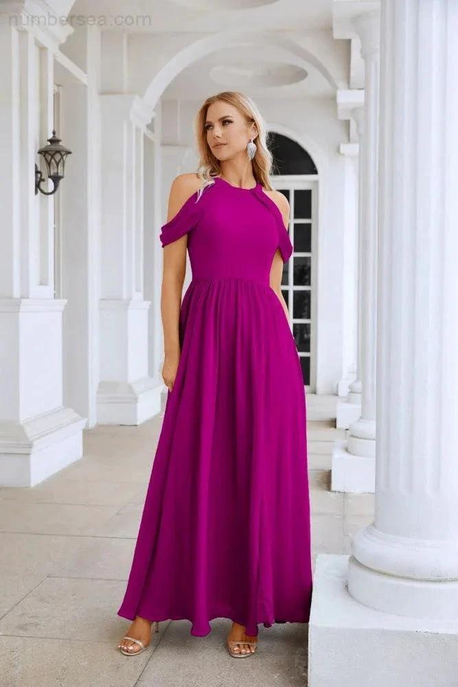Ladies Chiffon Off Shoulder Swing Sleeve Front Slit Bridesmaid Evening Dress Wedding Party Evening Dress 28117 (ZD17011)