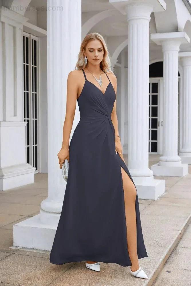 Ladies Chiffon Spaghetti Strap V Neck Front Slit Floor Length Bridesmaid Evening Dress Prom Party Wedding Evening Dress 28116 (ZD17012)