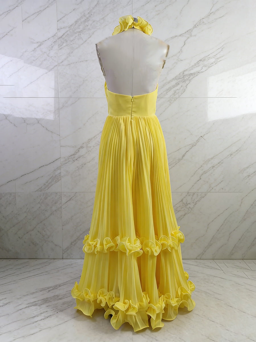 Yellow Pleated Halter Ruffle Long Prom Dress