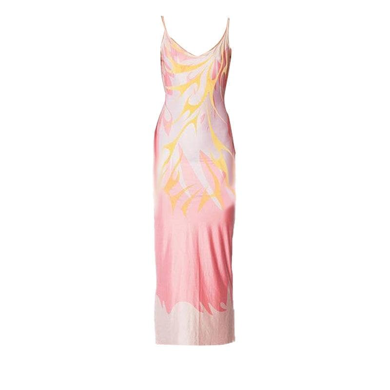 Low-cut print backless cami midi dress