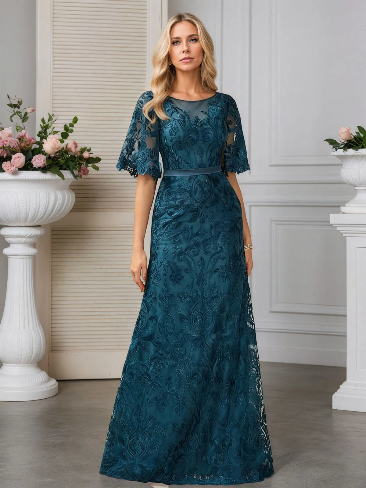 A-line Scoop Neck Floor-Length Lace Evening Dress With Appliques - View 6 | FashionDia