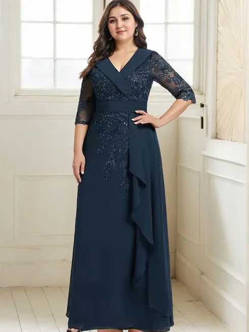 A-line Collared V-Neck Floor-Length Lace Chiffon Mother of the Bride Dress With Sequins Cascading Ruffles - View 10 | FashionDia