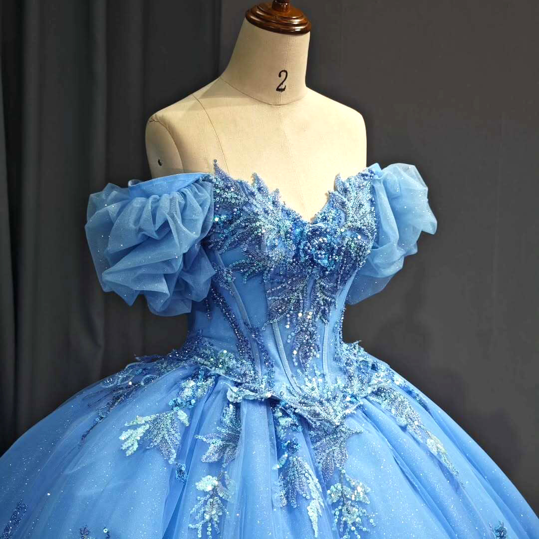 Elegant A Line Off the Shoulder Blue Ball Gown Quinceanera Dress with Beading Appliques