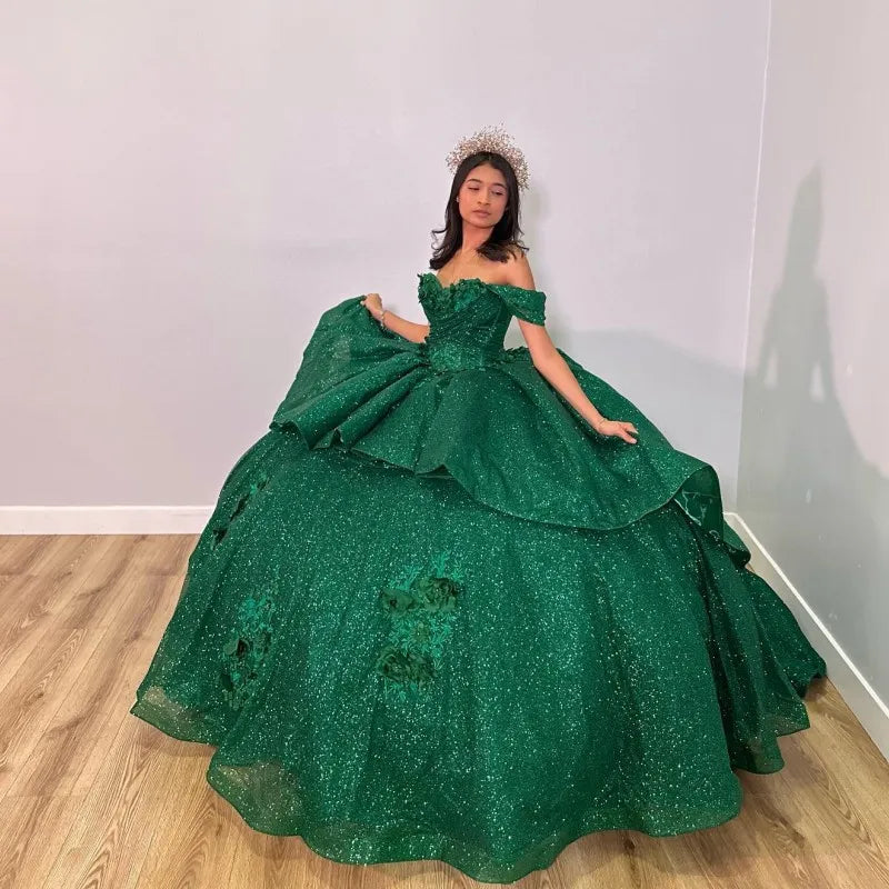 Emerald Green Shiny Handmade 3D Flowers Beading Quinceanera Dresses Ball Gown Off-the-Shoulder Sweet 16 Dress - FashionDia