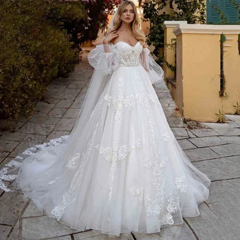 Tulle Princess Wedding Dress Puff Sleeves Off Shoulder Bridal Gown Sweetheart Appliques Lace vestidos de noiva (ZD13415)