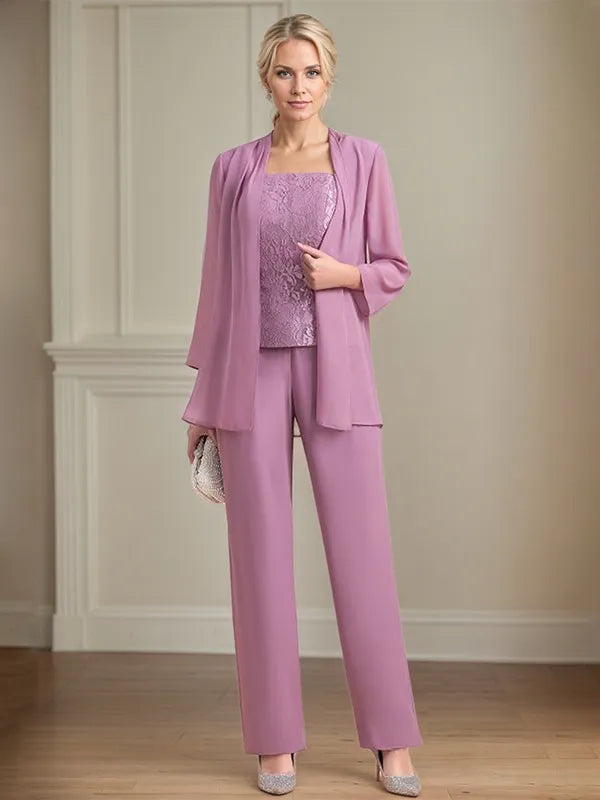 Chiffon Square Neck Sleeveless Floor Length Mother of the Bride Pantsuits