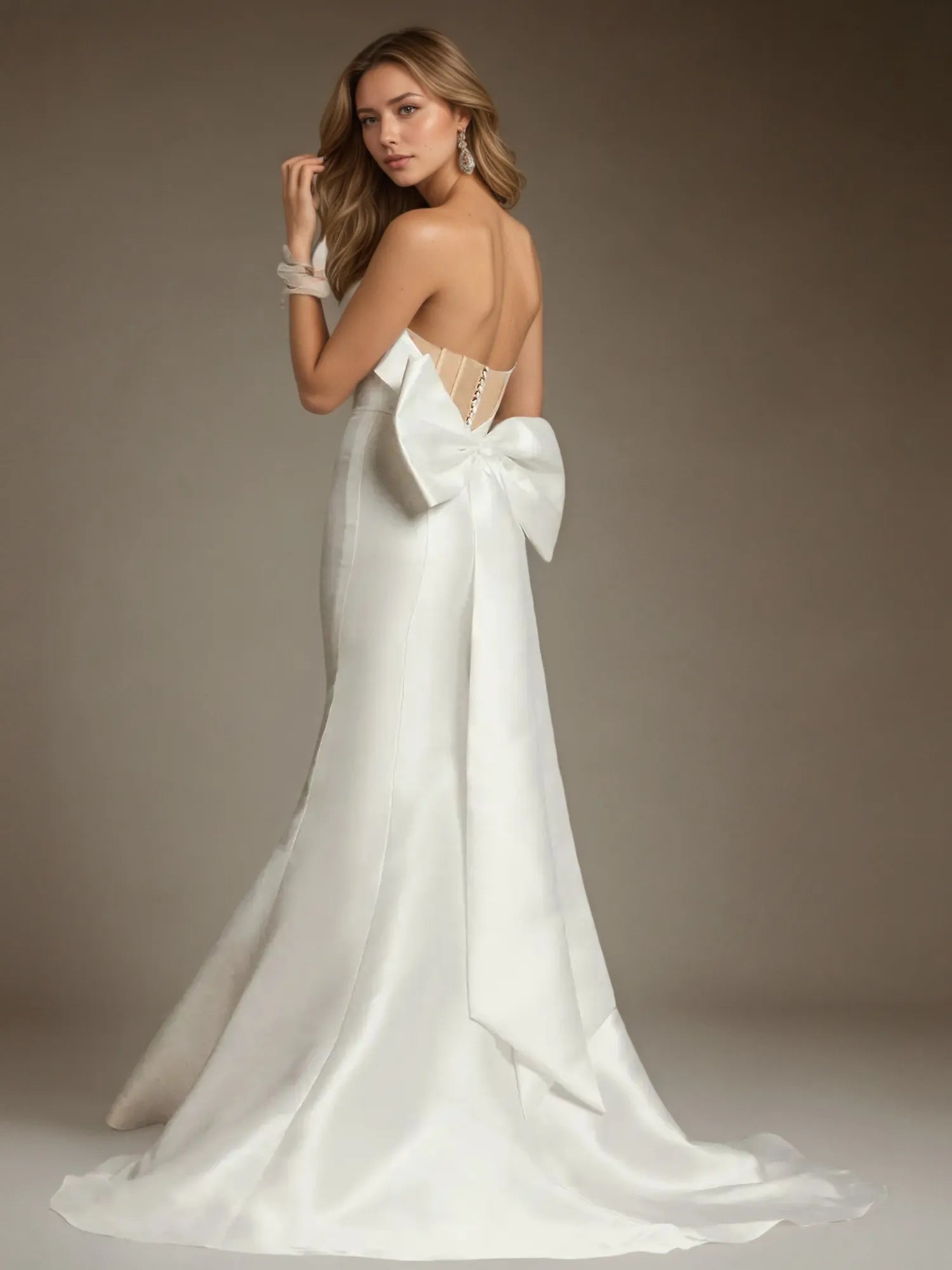 White Mermaid Strapless Bow Wedding Dress