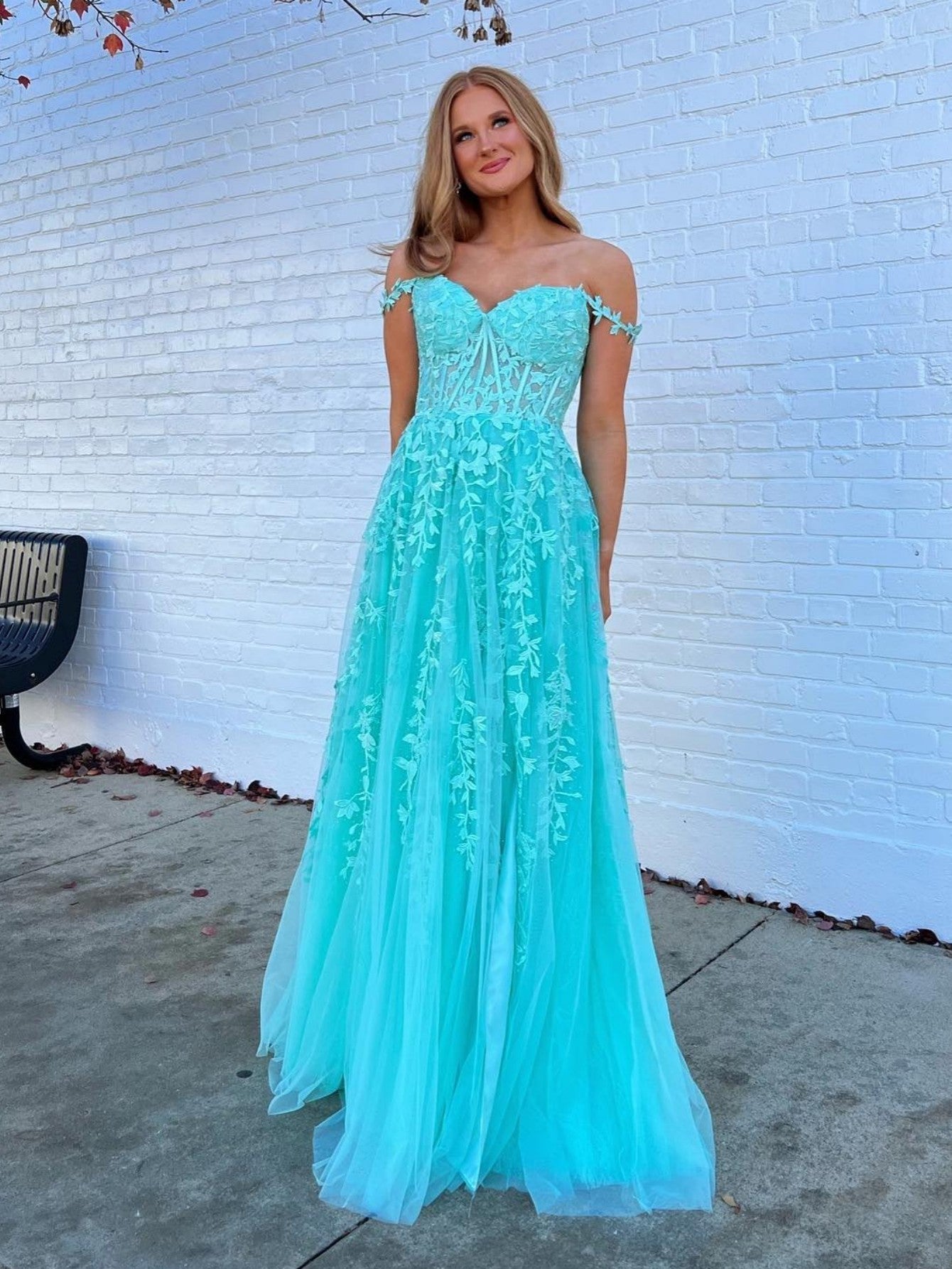 A Line Navy Straps Lace Long Prom Dress - Fashionpara