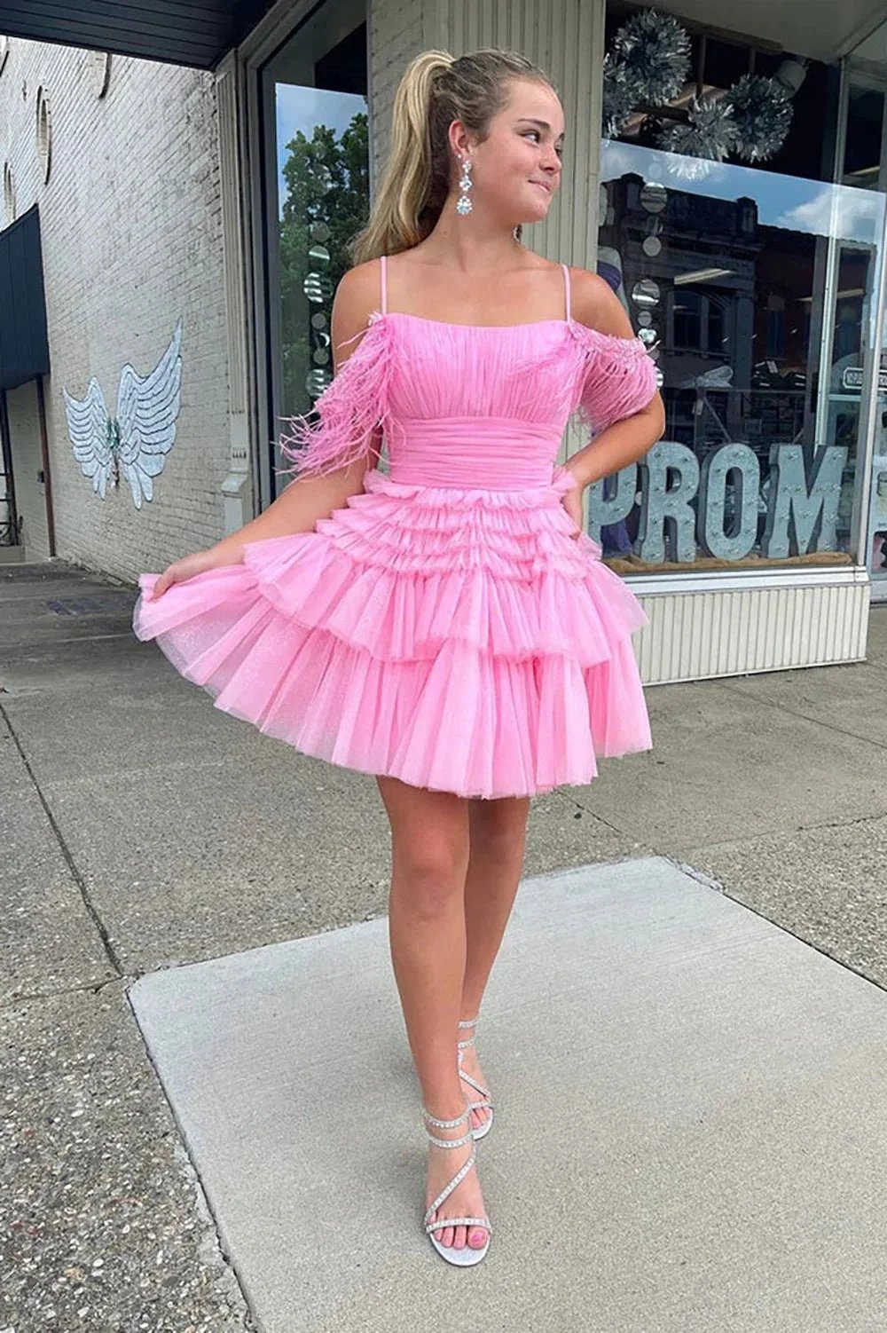 Cute Pink A Line Feather Tulle Homecoming Dresses by Ombreprom