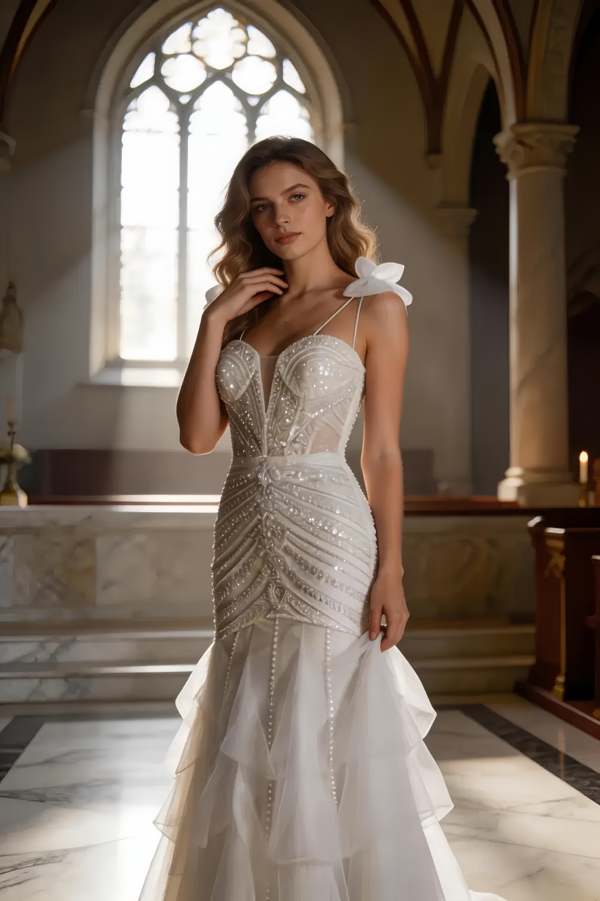 Elegant Bow Strap Corset Gown with Tiered Tulle Skirt