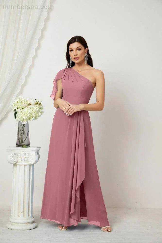 ZapDress  Chiffon Ruffled One Shoulder Long Bridesmaid Dresses A-line Formal Evening Gown Side Split 2809 (ZD17049)