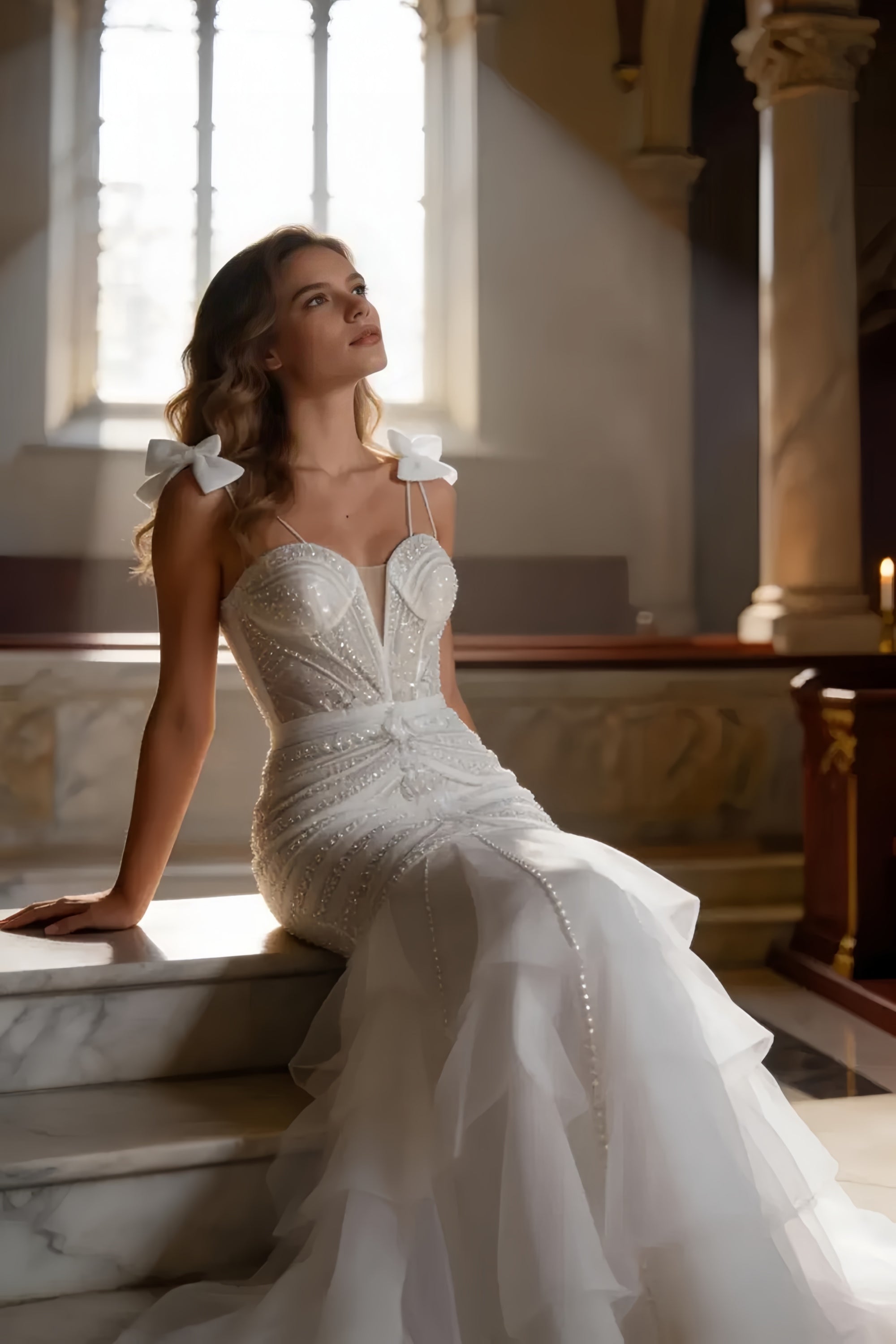 Elegant Bow Strap Corset Gown with Tiered Tulle Skirt