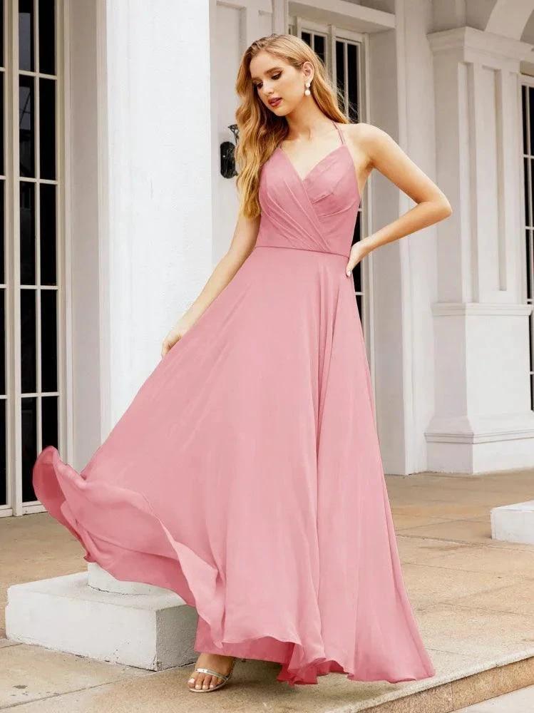 Numbersea Halter Chiffon Bridesmaid Dresses Wedding Appare Sleeveless Formal Prom Dress with Ruffled Back 28035 by numbersea
