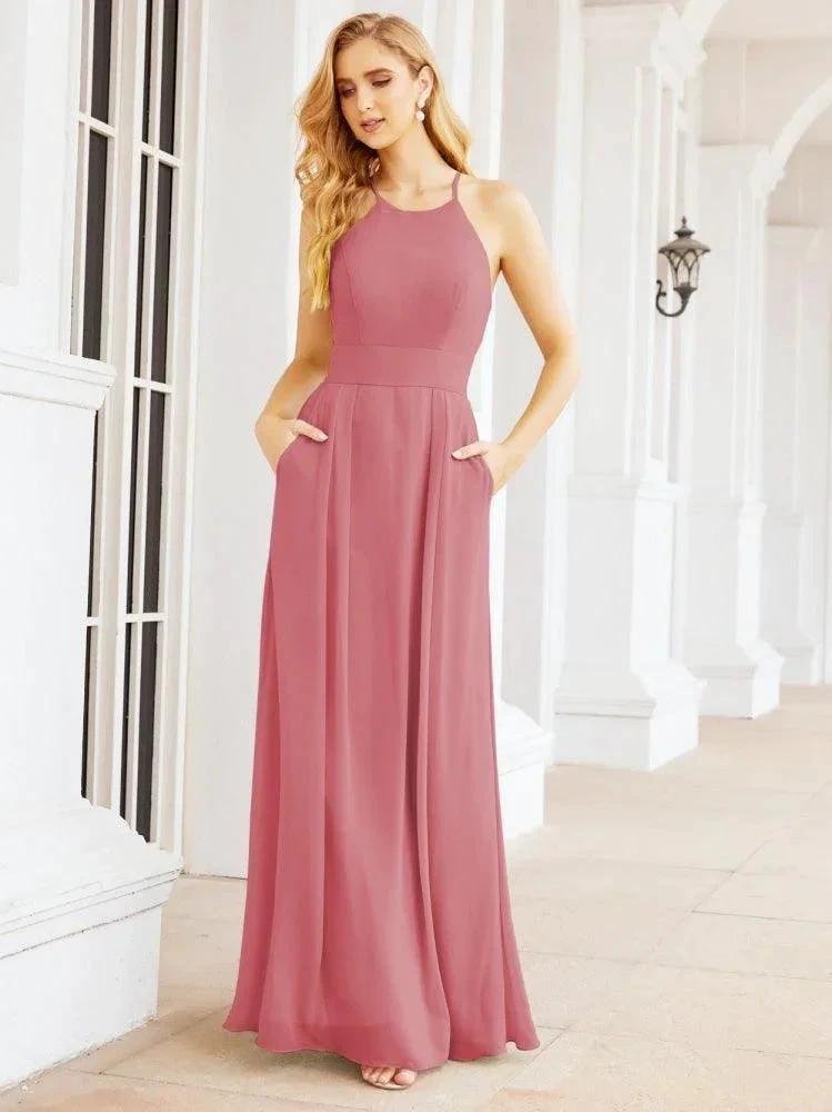Numbersea Halter Bridesmaid Dresses with Pockets Sleeveless Formal Evening Party Prom Gowns 28055 by numbersea
