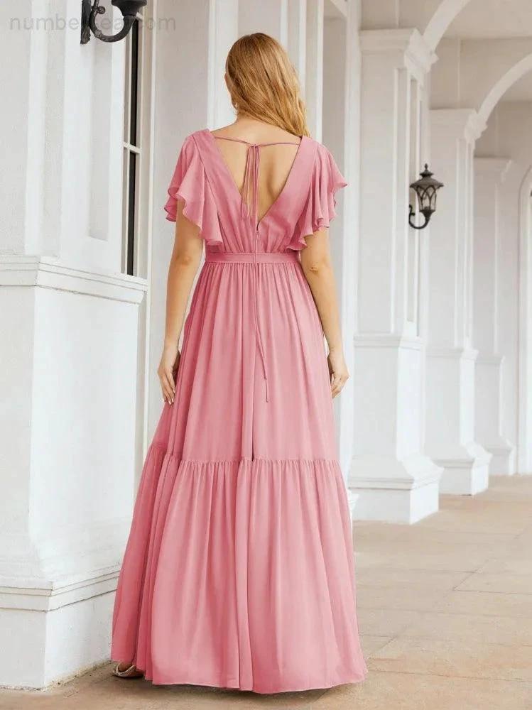ZapDress Women's Open Back Formal Evening Party Prom Gowns V-Neck Long Chiffon Bridesmaid Dresses with Waist Belt 28038 (ZD17000)