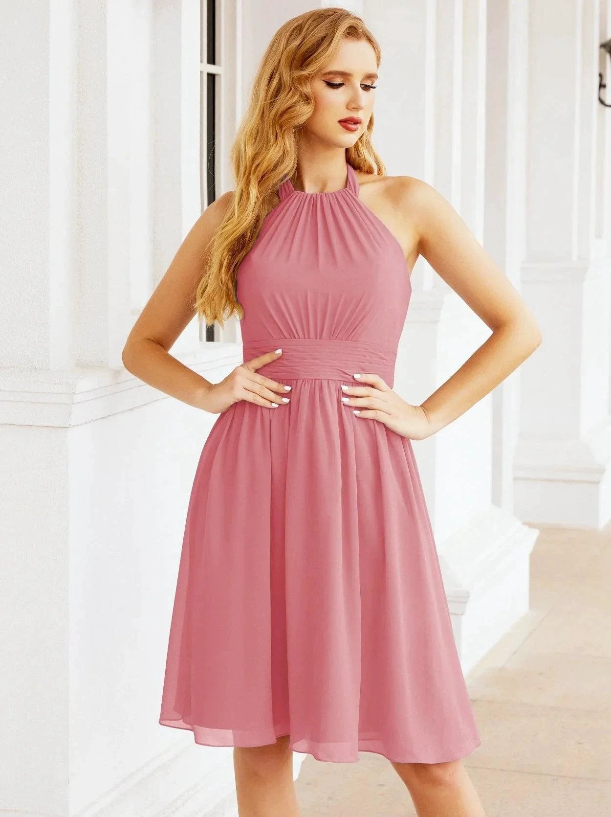 ZapDress Halter Chiffon Bridesmaid Dresses Short Sleeveless Formal Party Dress Open Back 28023 (ZD16957)