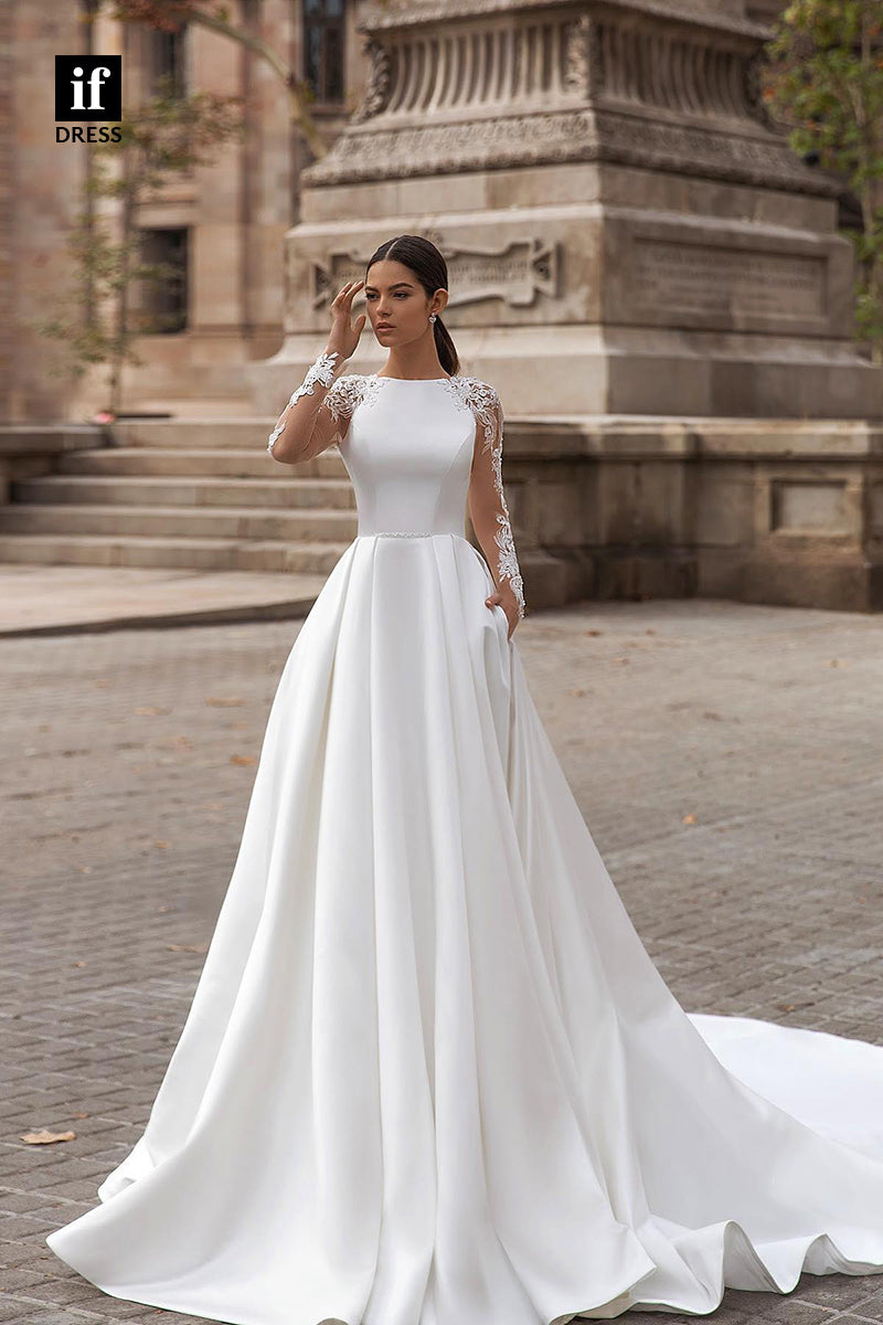 31569 - Distinctive A-Line Long Sleeves Satin Ruched Appliques Boho Wedding Dress