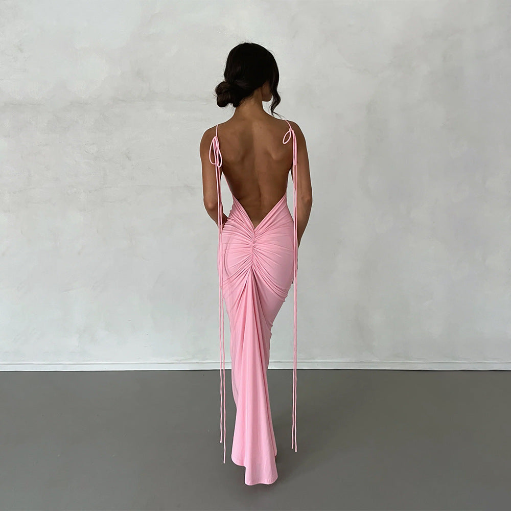 Backless Pleated Dress Evening Dress Sleeveless Strap Dress for