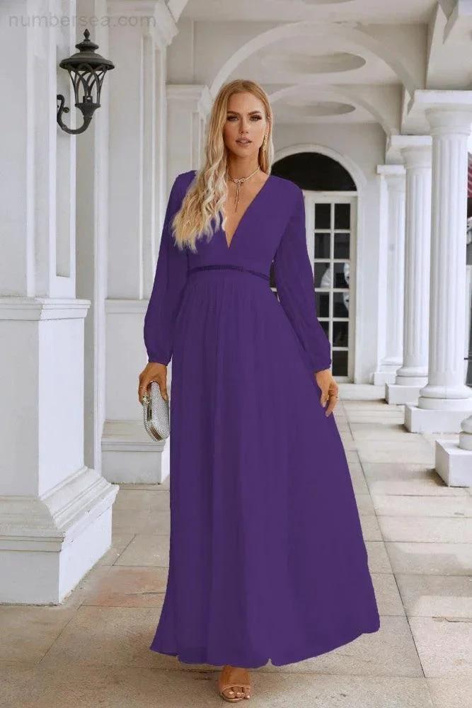 Ladies V Neck Chiffon Long Sleeve Front Slit Bridesmaid Evening Dress Wedding Party Shopping Evening Dress 28109 (ZD16991)