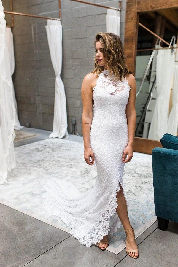 Sheath High Neck Sweep Train Open Back Lace Wedding Dress with Split (ZD15342)