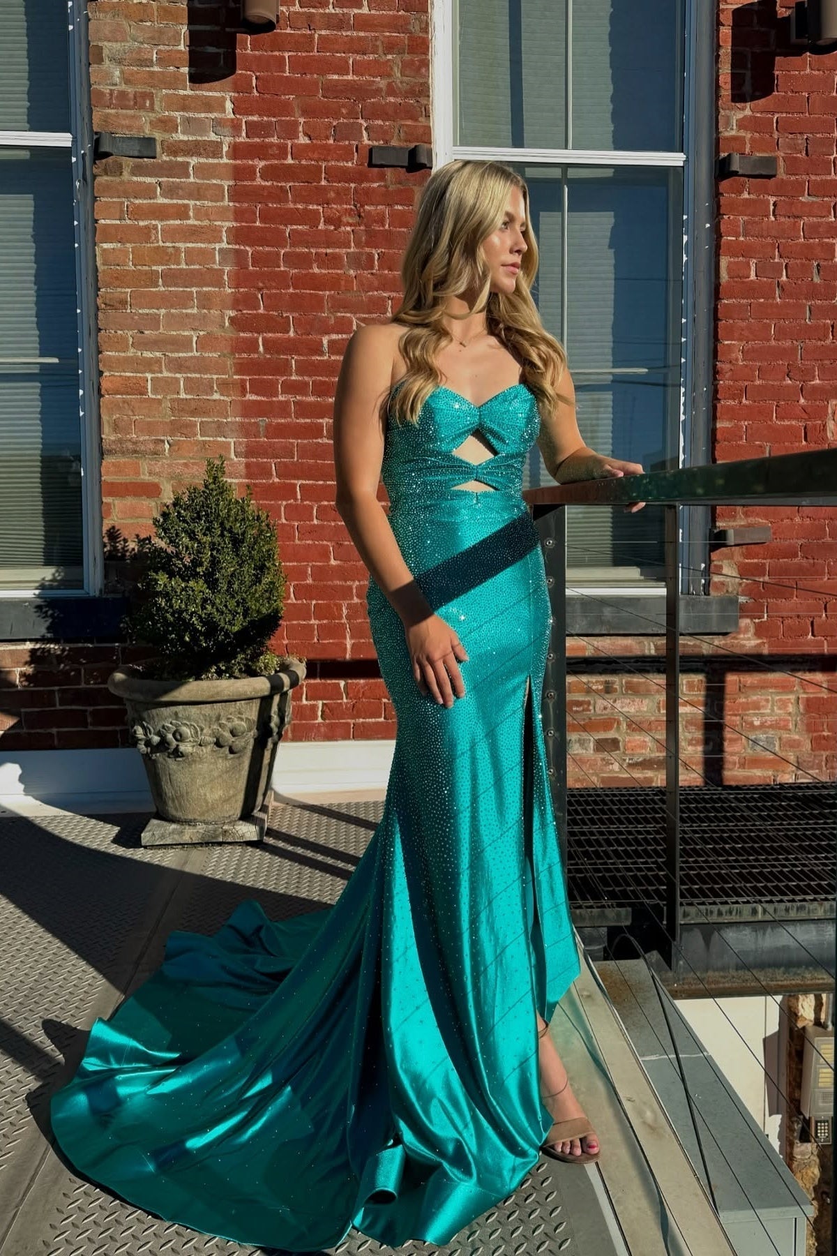 Cute Hot Pink Mermaid Strapless Long Beaded Prom Dress with Slit