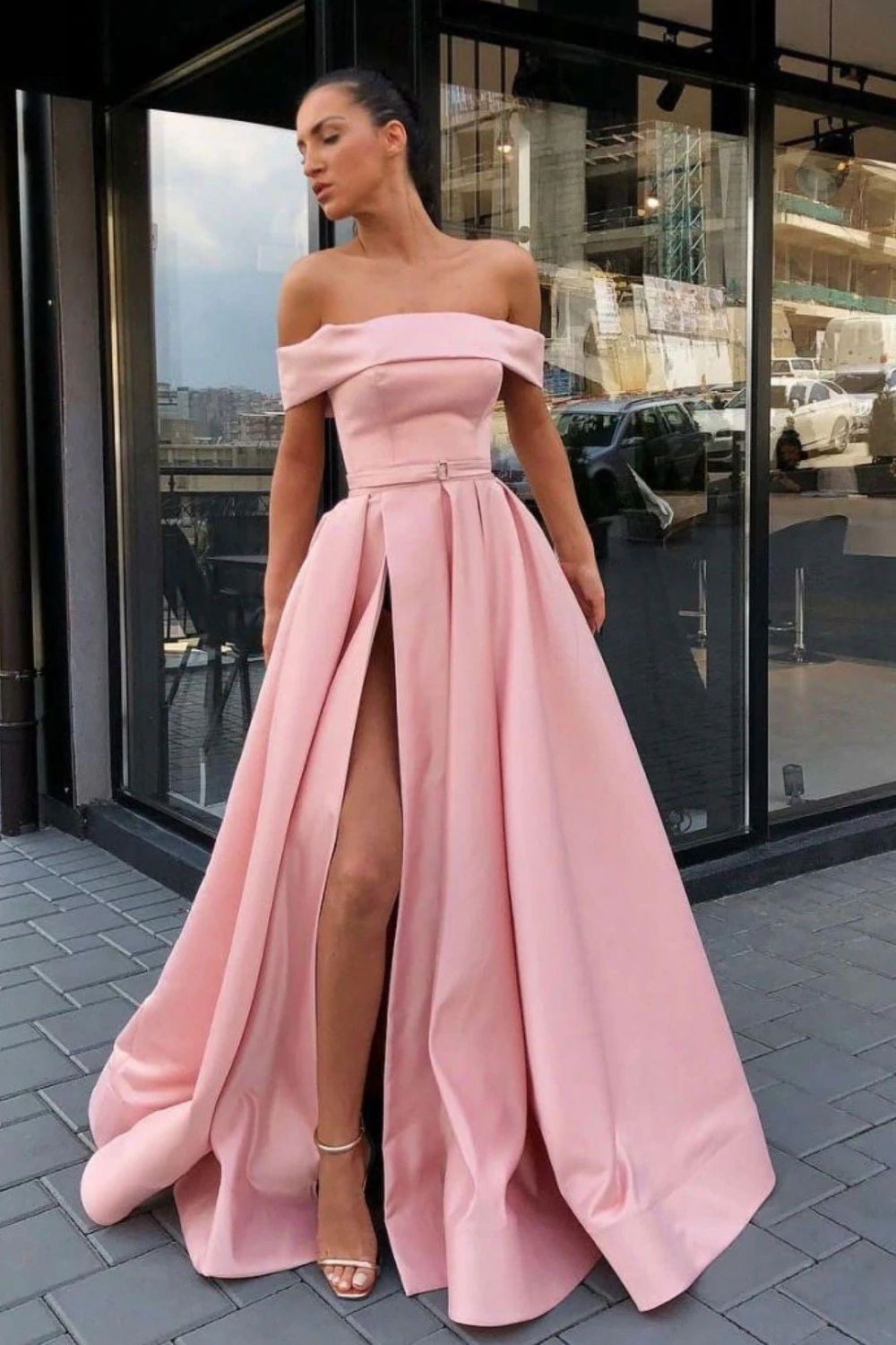 Charming A-Line Off-the-Shoulder Pink Long Prom Dress with Slit - FashionDia
