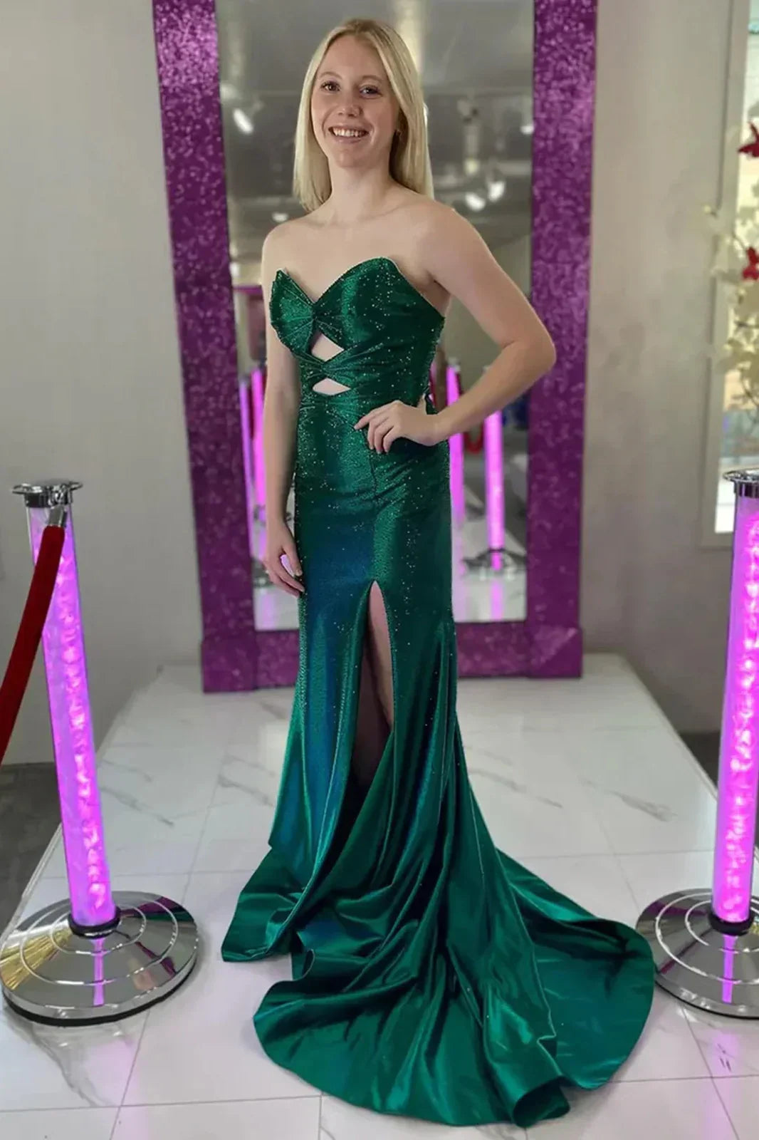 Cute Hot Pink Mermaid Strapless Long Beaded Prom Dress with Slit