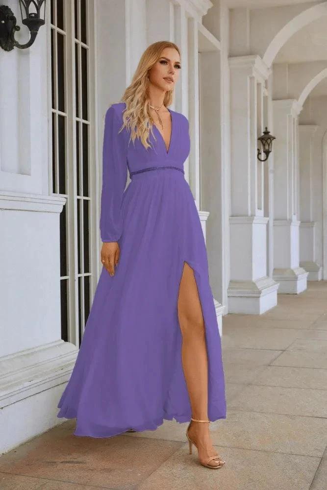 Ladies V Neck Chiffon Long Sleeve Front Slit Bridesmaid Evening Dress Wedding Party Shopping Evening Dress 28109 by numbersea