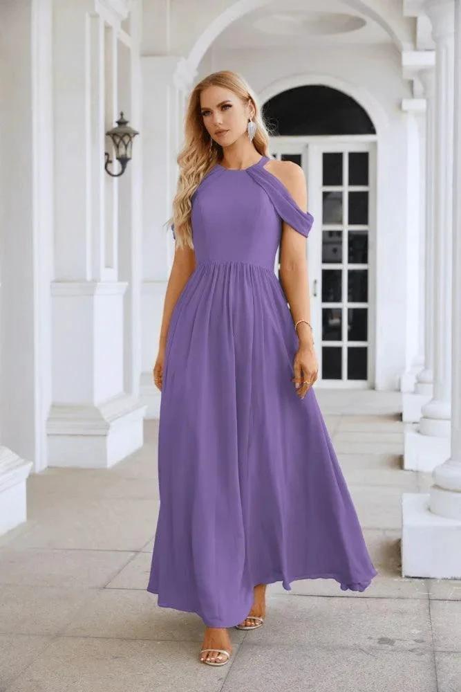 Ladies Chiffon Off Shoulder Swing Sleeve Front Slit Bridesmaid Evening Dress Wedding Party Evening Dress 28117 by numbersea