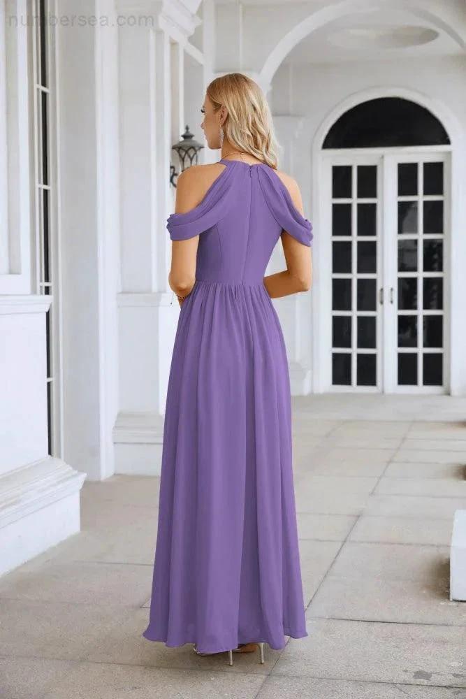 Ladies Chiffon Off Shoulder Swing Sleeve Front Slit Bridesmaid Evening Dress Wedding Party Evening Dress 28117 (ZD17011)