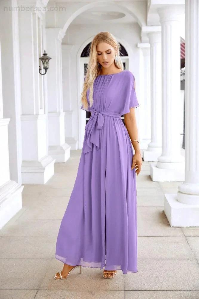 Ladies Chiffon Sleeve Crew Neck Front Slit Floor Length Bridesmaid Evening Dress Wedding Party Evening Dress 28124 (ZD17007)