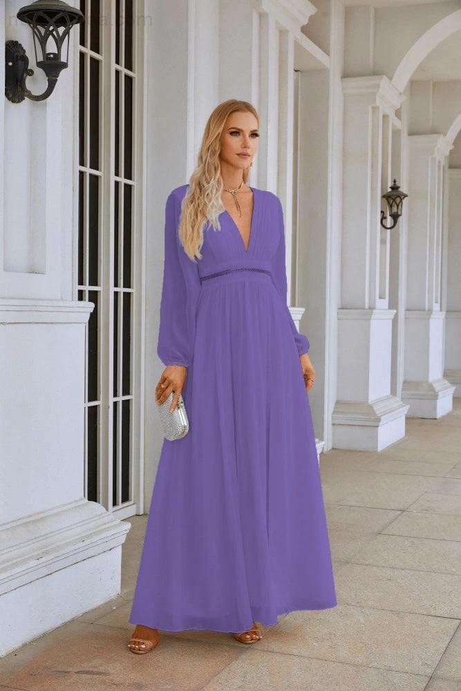 Ladies V Neck Chiffon Long Sleeve Front Slit Bridesmaid Evening Dress Wedding Party Shopping Evening Dress 28109 (ZD16991)