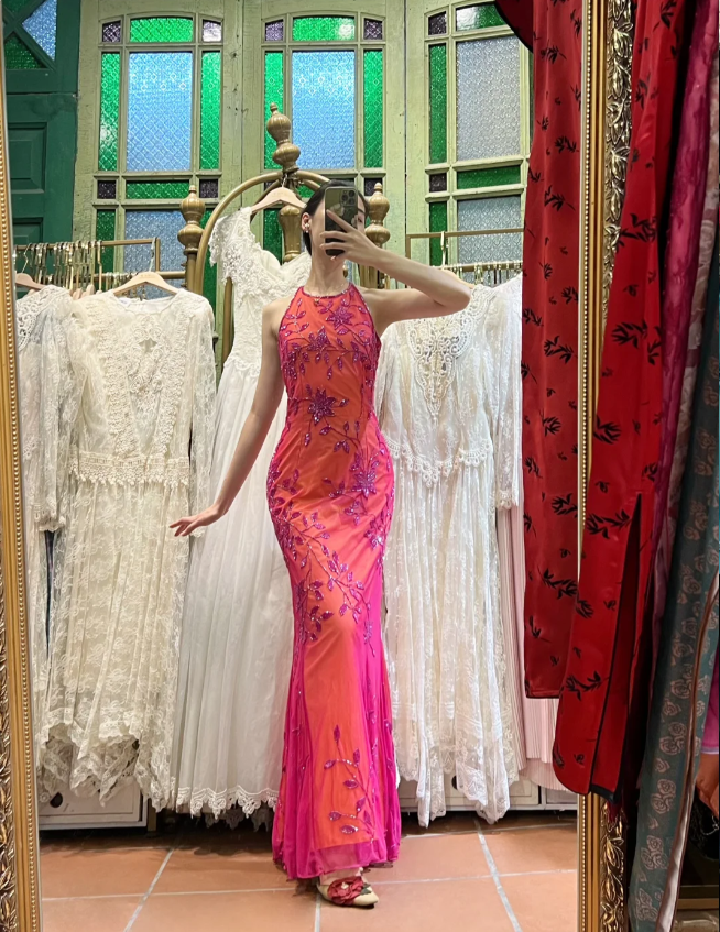 Retro Orange-Pink Mermaid Halter Neck Backless Beaded Tulle Long Prom Dress Evening Dress