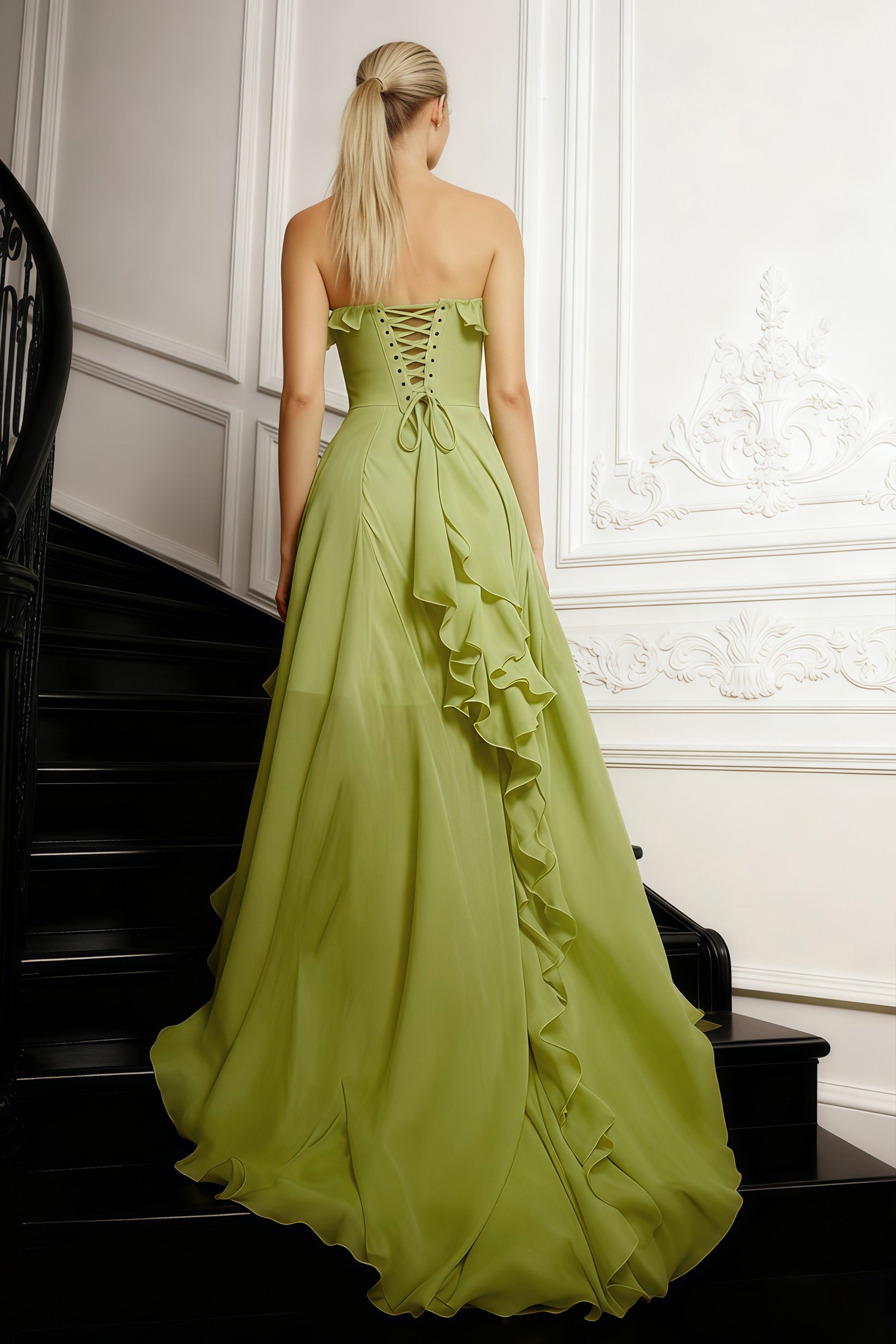 Strapless Ruffle Bustier Evening Gown with Thigh High Slit