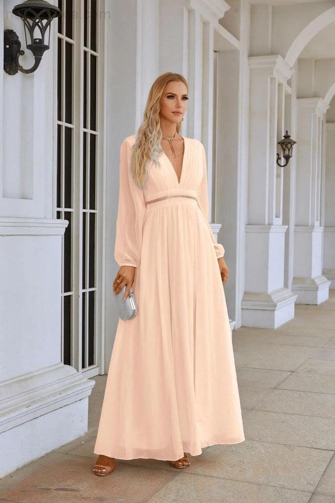 Ladies V Neck Chiffon Long Sleeve Front Slit Bridesmaid Evening Dress Wedding Party Shopping Evening Dress 28109 (ZD16991)