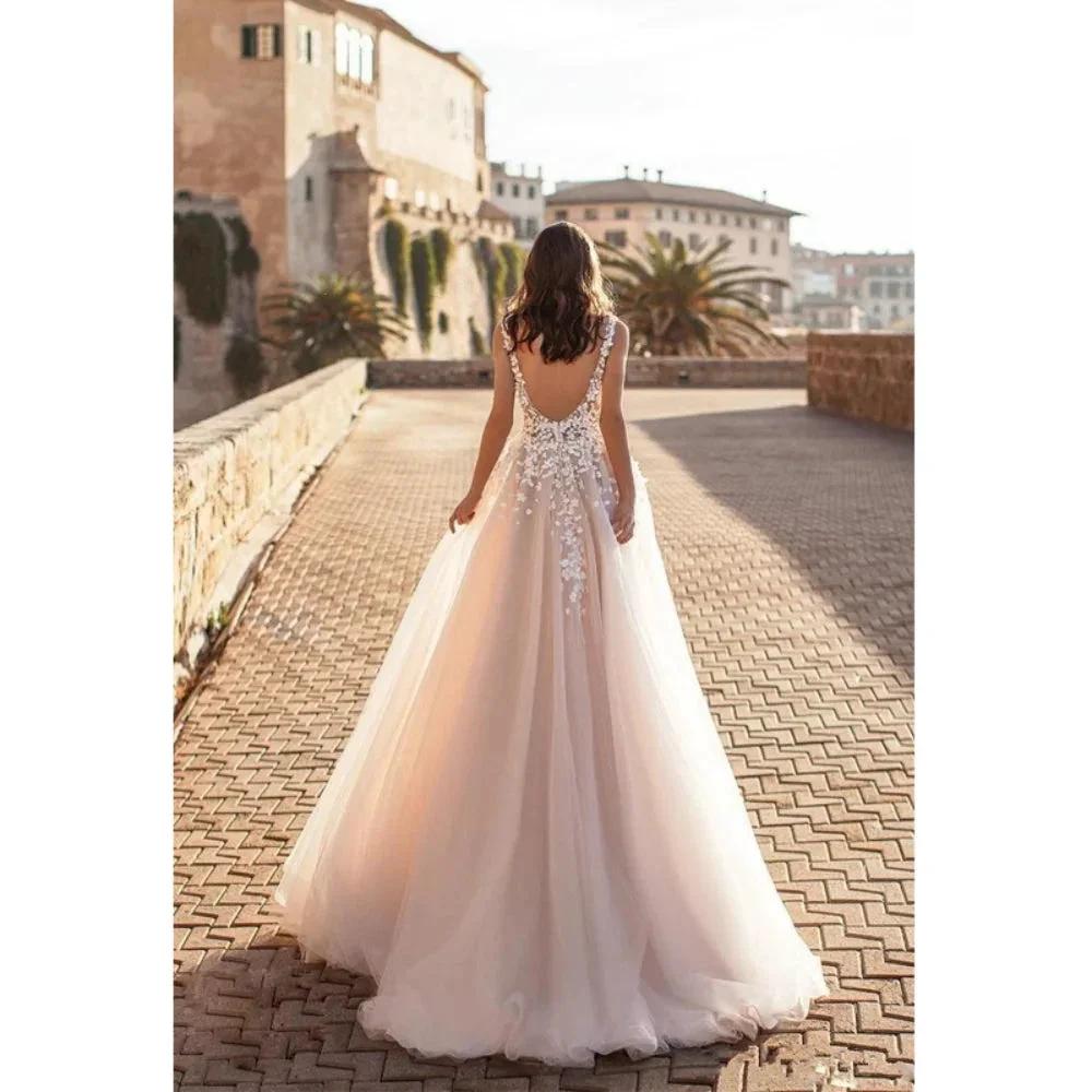 Wedding Dresses Beach Wedding Women Sexy V Large Decal 3D Flower Tulle Sleeveless Bridal Gowns Vestido De Novia Robe Mariée (ZD14132)