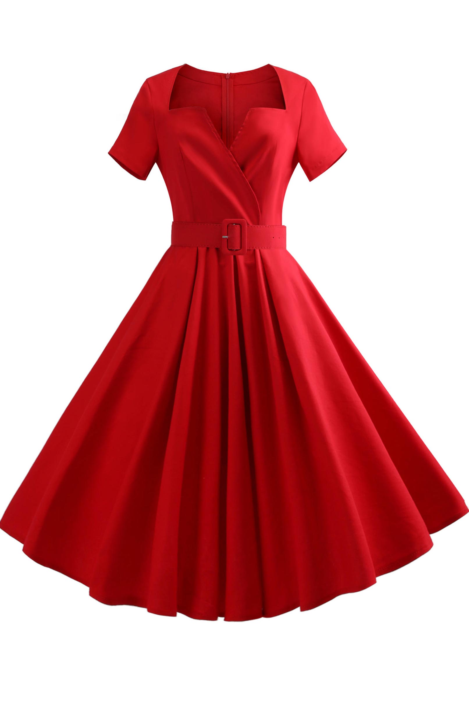 Red V-neck A-line Retro Dress - Fashionpara