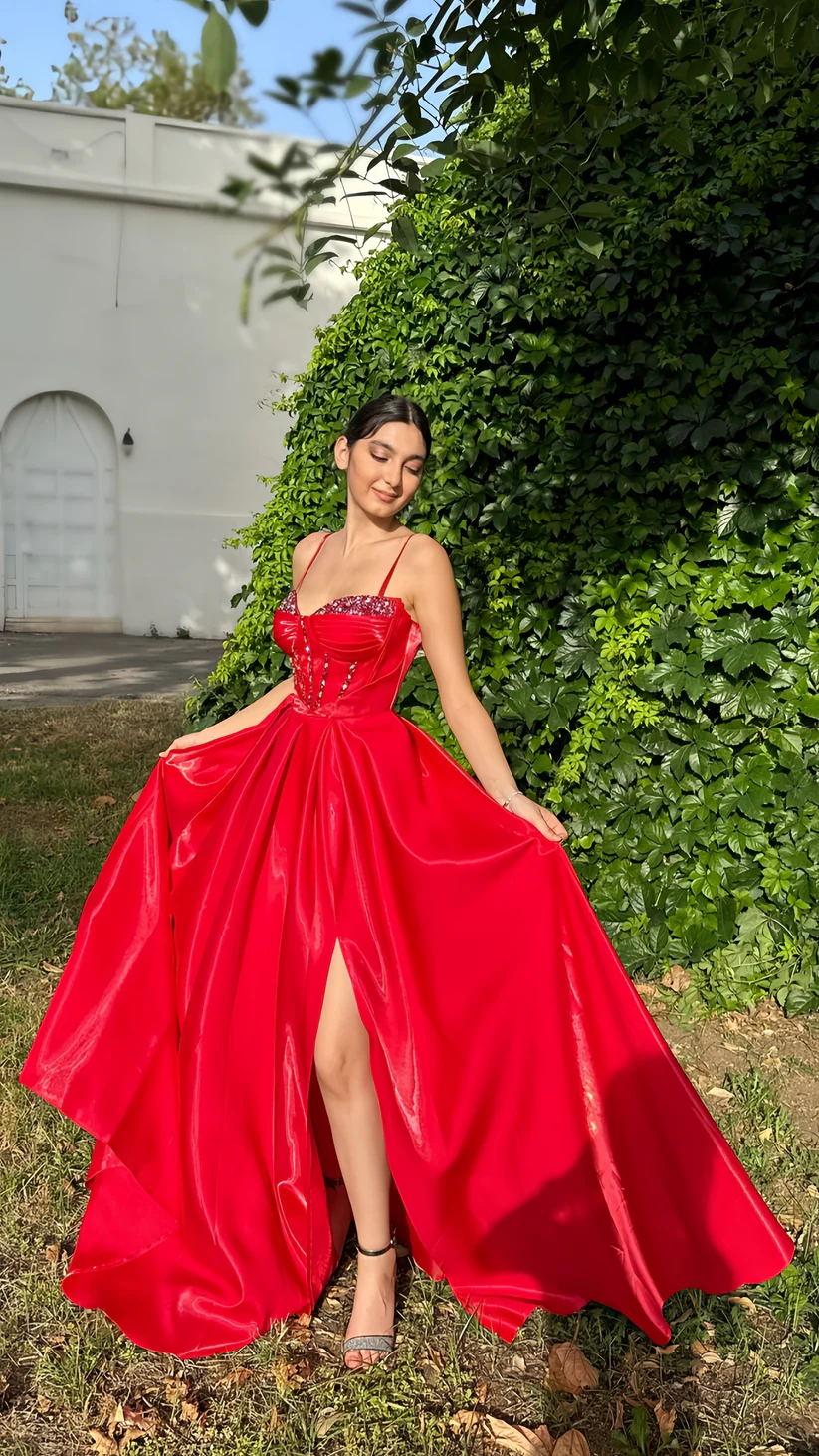 Beautiful Red A-Line Party Dress, Beaded Long Prom & Evening Dress - View 3 | FashionDia