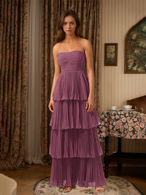 Burgundy A-Line Sweetheart Floor Length Tiered Chiffon Bridesmaid Dress