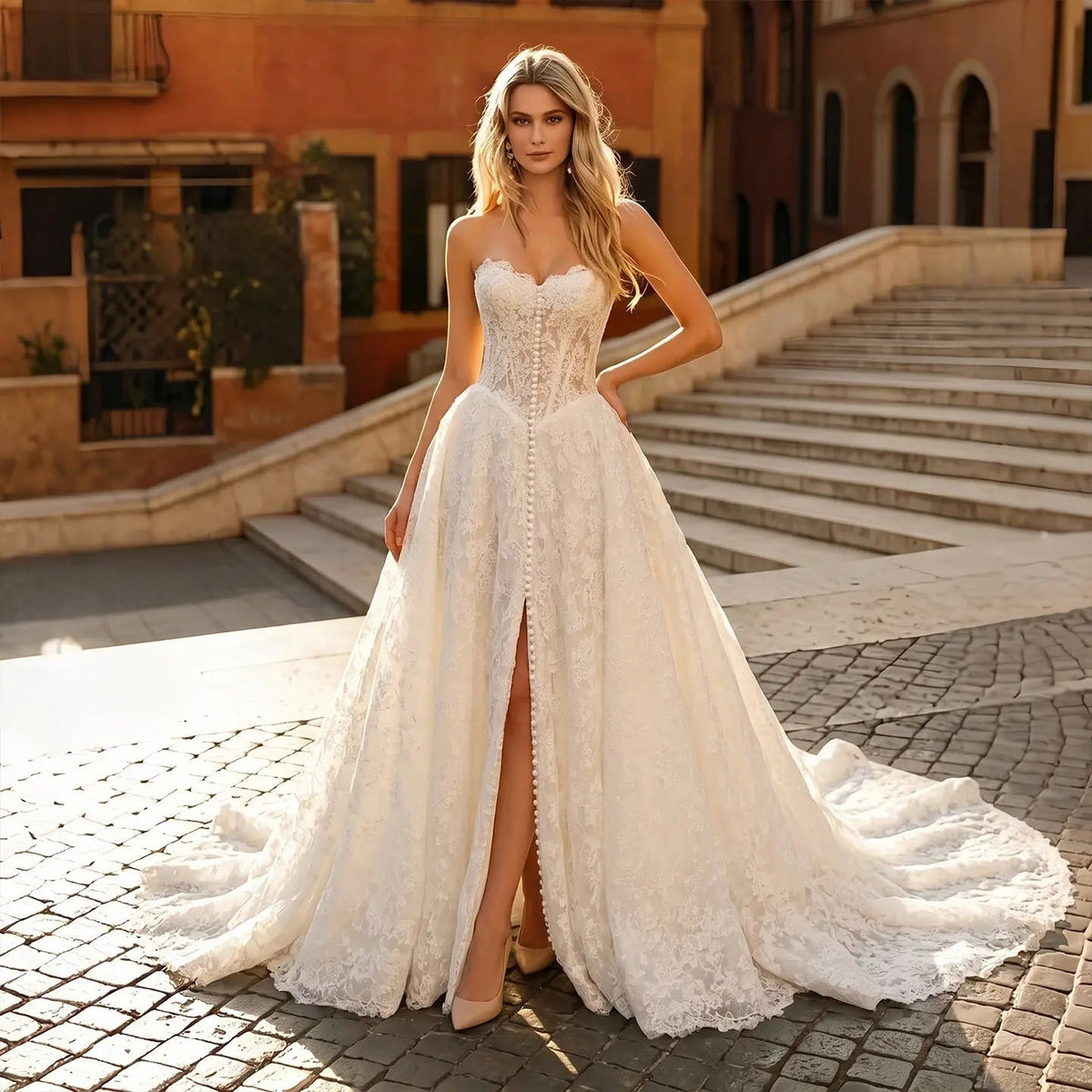White Floral Lace Strapless Bridal Gown Sweetheart Neckline Front Button Ball Gown ZP011
